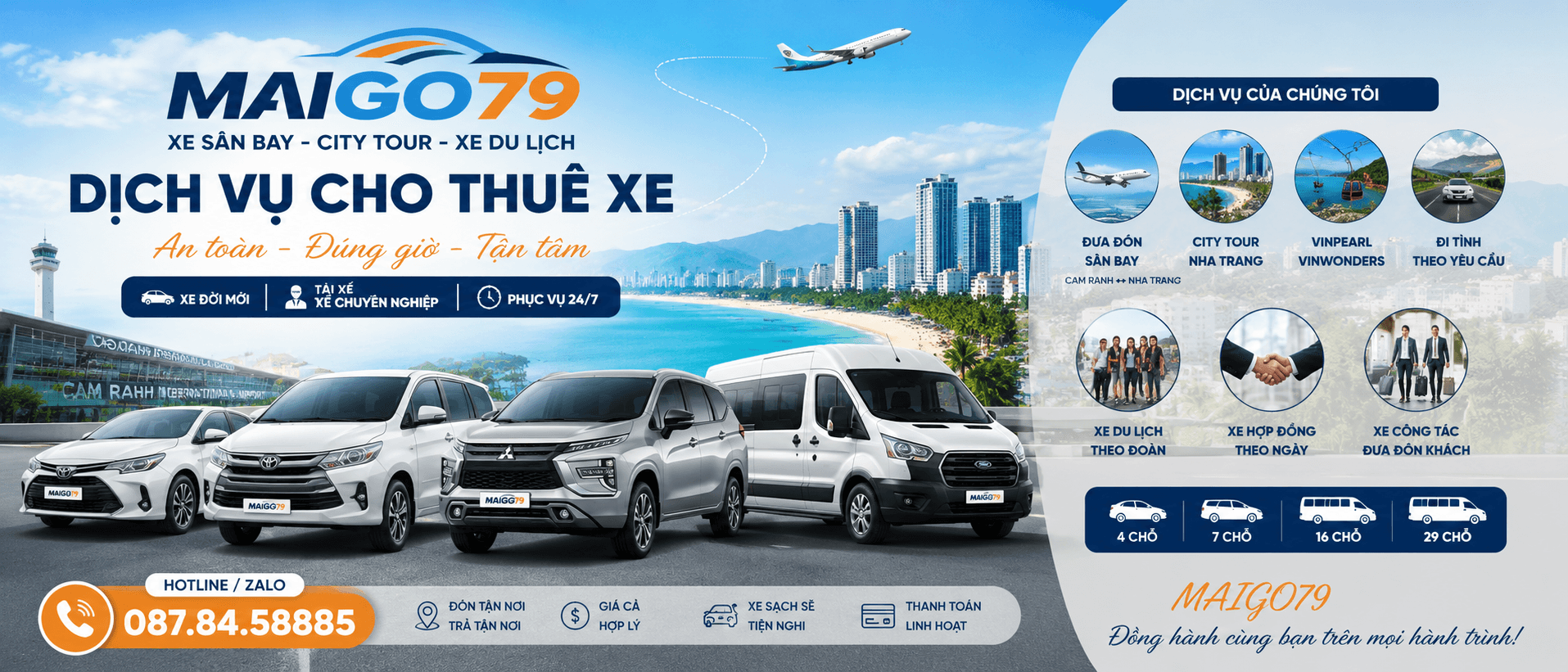 Dịch Vụ Thuê Xe 5 Chỗ, 7 Chỗ, 16 Chỗ Sân Bay Cam Ranh: Xe Đời Mới Rộng Cốp Cho Gia Đình & Đoàn Đông